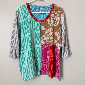 Lagenlook Shirt Womens LARGE Cotton Patchwork Boho Summer Lightweight Multicolor